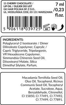 Tył opakowania olejku do ust Cherry Chocolate 7ml, widoczna lista składników, kod kreskowy i dane producenta.