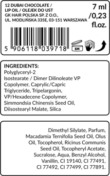 Tył etykiety olejku do ust Tuli Labs Dubai Chocolate 7ml, z widoczną listą składników, kodem kreskowym i danymi dystrybutora.