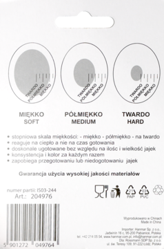 Tył opakowania wskaźnika gotowania jajek z diagramami miękko, półmiękko, twardo. Opis po polsku: reaguje na ciepło, nie na czas.