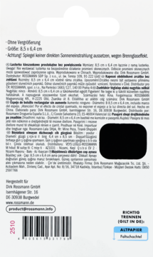 Tył opakowania lusterka kosmetycznego Rossmann bez powiększenia z informacjami i kodem kreskowym.