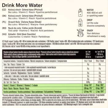 Tył etykiety waterdrop Microdrink COLA: tabela wartości odżywczych, skład (orzech kola, kawa), witaminy C/B3/B5.