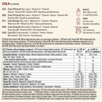 Zbliżenie na beżową etykietę waterdrop Microdrink COLA, bez cukru, z tabelą odżywczą i ikonami.
