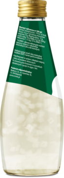 Tył butelki napoju ReVito Aloe Vera cytryna matcha z zieloną etykietą, widoczne informacje i kawałki aloesu.