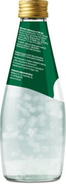 Tył butelki napoju ReVito Aloe Vera z zieloną etykietą, złotą nakrętką i widocznym miąższem aloesu.