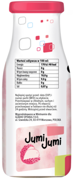 Tył butelki Jumi Jumi liczi z nata de coco, białe opakowanie, różowa zakrętka, widoczne etykiety z wartościami odżywczymi.