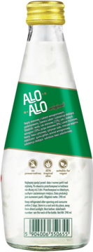 Tył szklanej butelki Alo Alo napoju aloesowego z winogronami 290ml. Widoczna zielona etykieta, biały płyn, złota nakrętka.