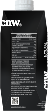 Tylna strona czarnego kartonu Coco Not Water WODA KOKOSOWA 500ml z tabelą wartości odżywczych i kodem QR.