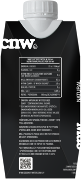 Tył czarnego opakowania Coco not water woda kokosowa 330ml z białymi danymi odżywczymi i kodem QR.