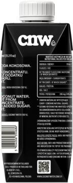Tył czarnego opakowania CNW Coconut Water 330ml, bez cukru, z tabelą wartości odżywczych i kodem QR.