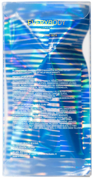 Holograficzna saszetka na zestaw do ust EVERYBODY LONDON LIP BOX, połyskująca na niebiesko, z widocznym składem.