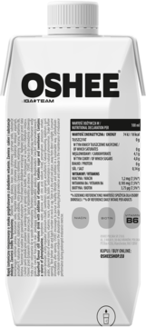 Tył białego, kartonowego opakowania napoju OSHEE Izotoniczny, z tabelą wartości odżywczych i składem.