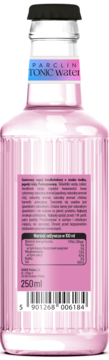Tył różowej butelki Parclin Tonic Water 250ml z pionowymi żłobieniami, widoczna etykieta z wartościami odżywczymi i kodem kreskowym.