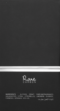 Tylna strona czarnego opakowania perfum Rare Carbon dla mężczyzn, ze srebrnym napisem i listą składników.