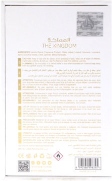 Tył białego opakowania wody perfumowanej Lattafa The Kingdom z wielojęzycznymi opisami, kodami i symbolami.