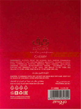 Tył czerwonego opakowania perfum Zukhruf Cherry eau de parfum 100ml, z białym tekstem, listą składników i kodem EAN.
