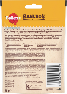 Tył opakowania Pedigree Ranchos Sausages, przysmaki dla psów z naturalną wieprzowiną, szczegółowe informacje.