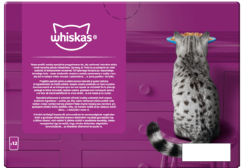 Tył fioletowego opakowania karmy mokrej Whiskas, ze srebrnym kotem w koronie i napisem Klasyczne Posiłki.