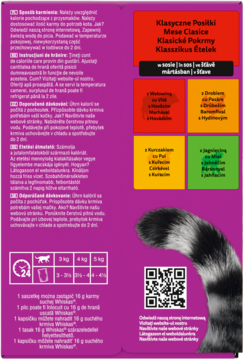 Tył opakowania karmy Whiskas Klasyczne Posiłki, fioletowe tło z instrukcjami i grafiką sierści kota.