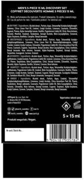 Tył czarnego opakowania zestawu zapachów męskich 5x15 ml z listą składników, kodem kreskowym i etykietą vegan.