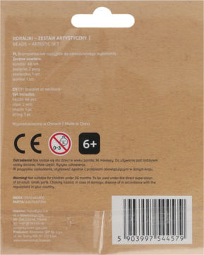 Tył brązowego opakowania zestawu kreatywnego Koraliki, z naklejką, kodem kreskowym i ikonami ostrzegawczymi.