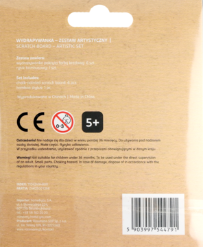Tył kartonowego opakowania zestawu artystycznego Wydrapywanka, z opisem, ostrzeżeniami i kodem kreskowym.