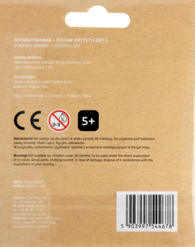 Tył brązowego, kartonowego opakowania zestawu artystycznego Wydrapywanka Scratch Board 5+, z informacjami.