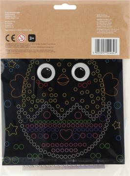 Tył opakowania zestawu kreatywnego DIY: pisklę w skorupce z kolorowych naklejek i dużymi googly eyes.