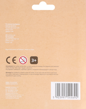 Tył kartonowego opakowania zestawu kreatywnego dla dzieci, ze spisem treści, ostrzeżeniami i kodem kreskowym.