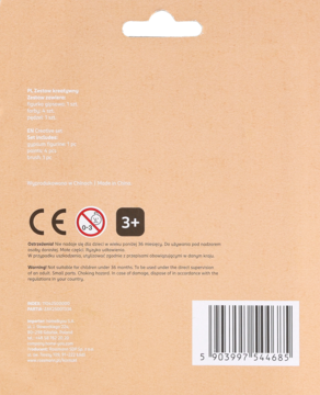 Tył beżowego opakowania kreatywnego zestawu z figurką i piórkiem, z instrukcjami i kodem kreskowym.