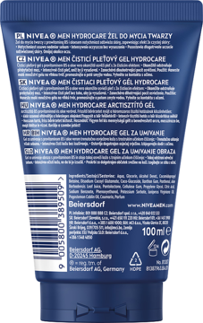 Tył ciemnoniebieskiej tuby NIVEA MEN Hydrocare Żelu do mycia twarzy 100ml z informacjami i kodem.