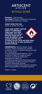 Tył opakowania perfum ARTISCENT ATELIER ROYALE DORÉ, granatowe tło, biały tekst: skład, nuty zapachowe, ostrzeżenia.