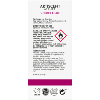 Tył pudełka perfum ARTISCENT ATELIER Cherry Noir, białe z magenta, z listą składników i ostrzeżeniami.