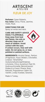 Tył perfum Artiscent Atelier Fleur de Joy. Biała etykieta ze składem, ostrzeżeniem o łatwopalności i logo.