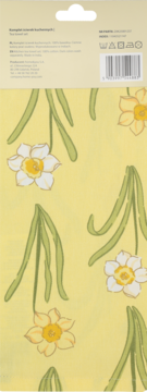 Żółty materiał kompletu ściereczek kuchennych w żonkile, biało-żółte kwiaty, zielone liście, z etykietą.