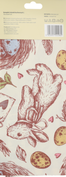 Tył opakowania papierowych ręczników z wielkanocnym wzorem: zając, pisanki, gniazdo. Kremowe tło.