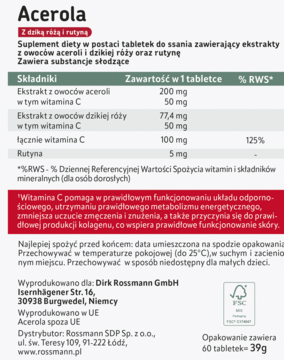 Biały tył opakowania suplementu diety Acerola z witaminą C, widoczna tabela składników i tekst prawny.