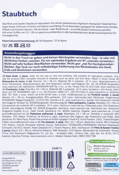 Ciemnoniebieski tył opakowania ściereczki Staubtuch Rossmann 23x28cm ze składem i instrukcją. Barcode.