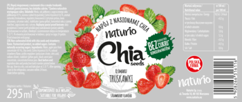 Naturio Chia napój truskawkowy 295ml, biała etykieta z owocami, z napisem "BEZ CUKRU", widok z przodu.