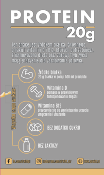 Szaro-żółta infografika DR Witt Koktajlu proteinowego waniliowego z ikonami: 20g białka, wit. D i B12, bez cukru/laktozy.