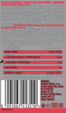 Tył opakowania koktajlu proteinowego Dr Witt wiśnia, z widoczną tabelą wartości odżywczych i kodem kreskowym.