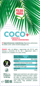 COCO+ napój owocowy z wodą kokosową, biała etykieta z zielonymi liśćmi palmowymi, widok z przodu, 500 ml.