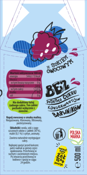 Front kartonika Kubuś Water o smaku malinowym, 500ml, niebieski z ilustracją malin i napisami 'bez cukru'.