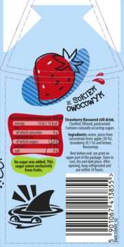 Tylne opakowanie napoju Kubuś Water truskawkowego, jasnoniebieskie, z grafiką truskawki i kodem kreskowym.