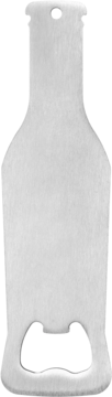 Płaski, metalowy otwieracz do butelek Eloy, w kształcie białej butelki, z otworem do zawieszania.