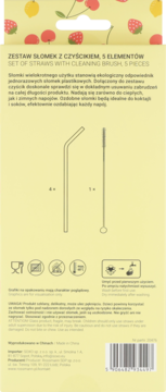 Tył żółtego opakowania zestawu 5 słomek wielokrotnego użytku z czyścikiem. Widoczne rysunki, ikony i tekst.