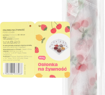 Eloy osłonka na jedzenie 40x40cm, przezroczysta siatka z czerwonymi wiśniami, obok żółta etykieta produktu.