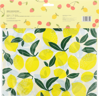 Eloy obrus piknikowy 150x180cm, biały z wzorem żółtych cytryn i zielonych liści, widok z opakowaniem.