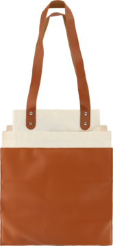 Eloy torba piknikowa, beżowy canvas i brązowa ekoskóra. Uchwyty brązowe, mocowane nitami. Widok z przodu.