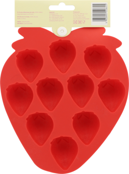Czerwona silikonowa forma w kształcie truskawki, z 9 wgłębieniami, do lodów lub czekoladek, widok z góry.