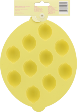 Żółta silikonowa forma w kształcie dużej cytryny z 9 małymi wgłębieniami cytrynowymi, widok z góry.